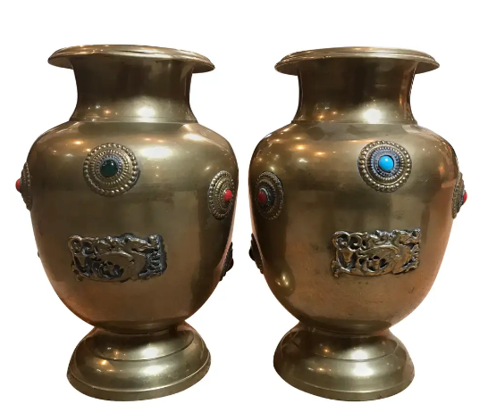 Brass Urns with Jewels and Dragon Emblem