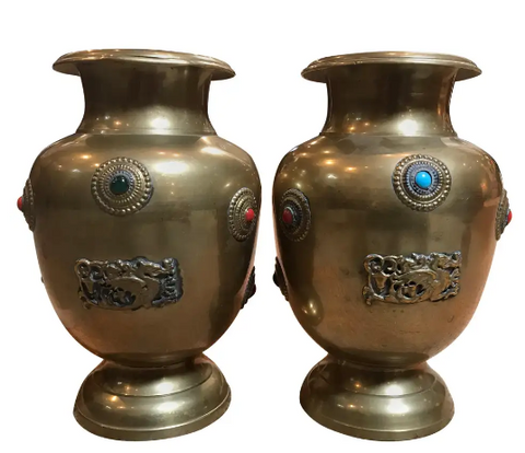 Brass Urns with Jewels and Dragon Emblem